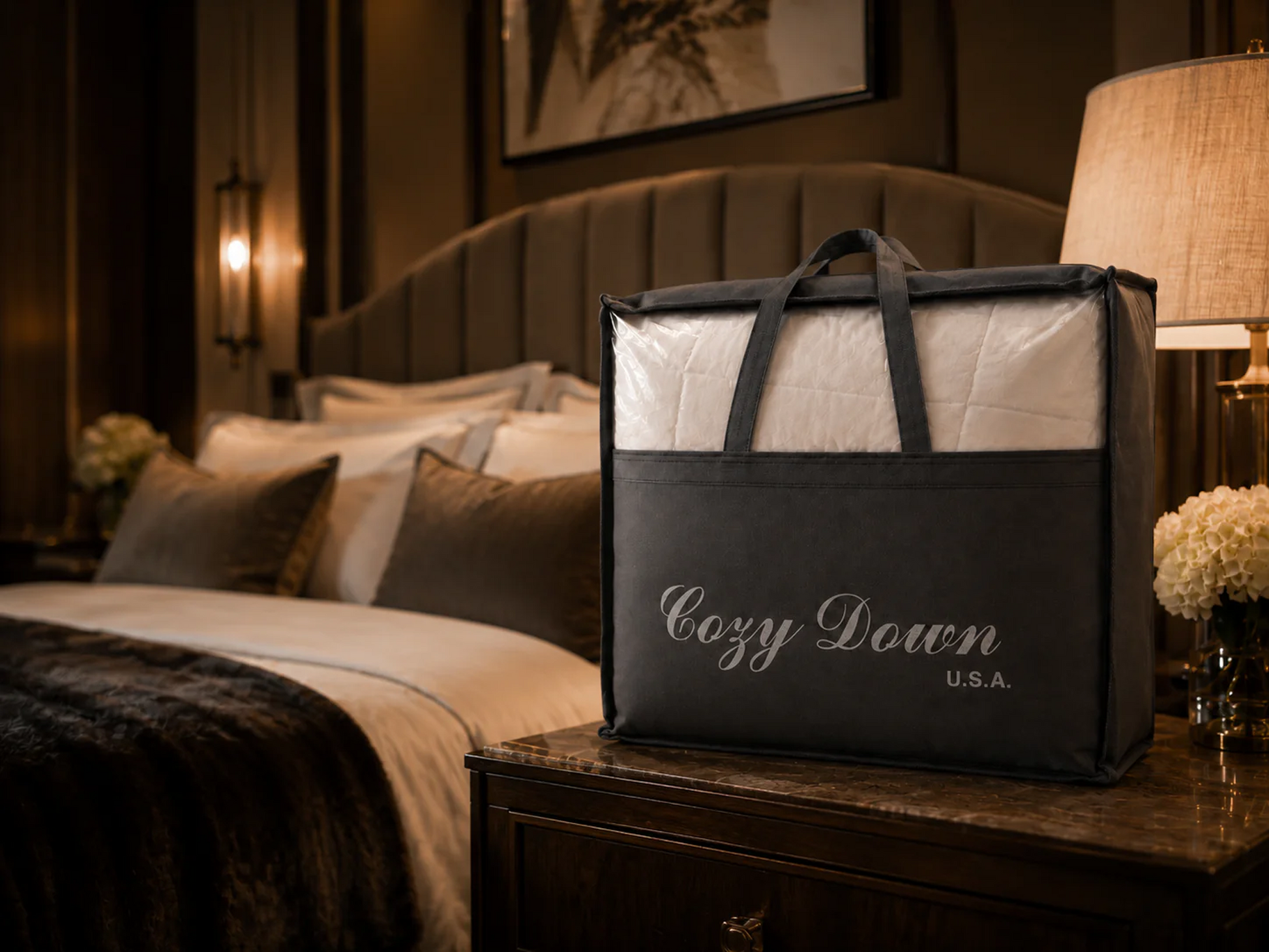 Royalpedic Mattress Siberian White Goose Down Comforter in a Cozy Down USA bag on a nightstand next to a bed