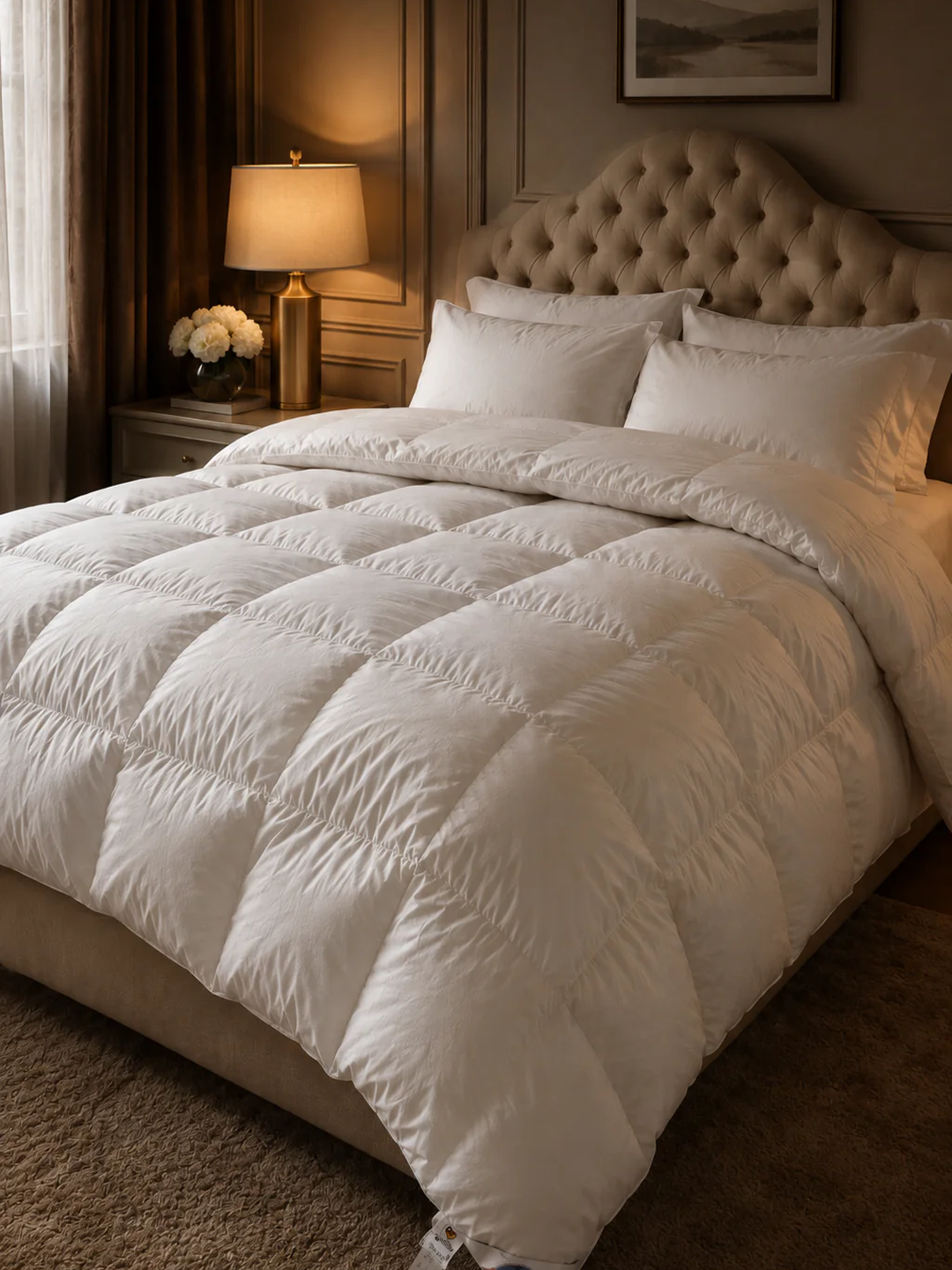 Royalpedic Mattress Siberian White Goose Down Comforter on a bed with pillows, a lamp, and flowers on a nightstand