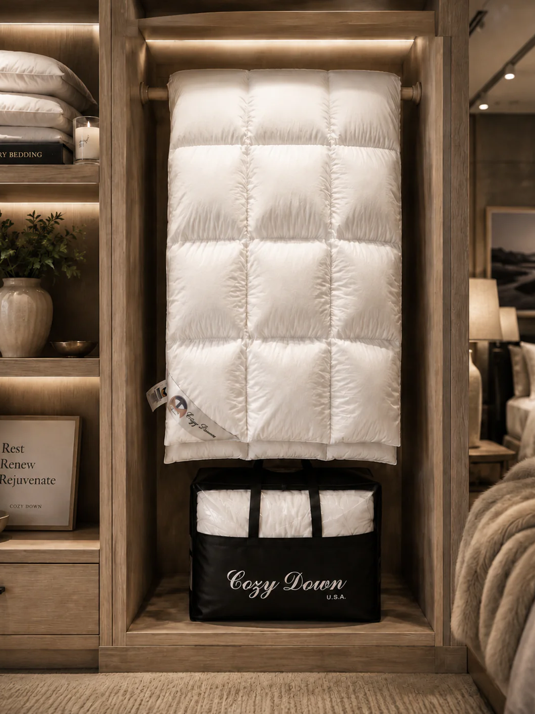Royalpedic Mattress Siberian White Goose Down Comforter displayed in a wooden cabinet with a Cozy Down U.S.A. storage bag below
