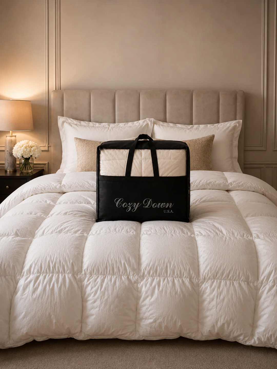 Royalpedic Mattress Siberian White Goose Down Comforter in a black Cozy Down bag on a bed