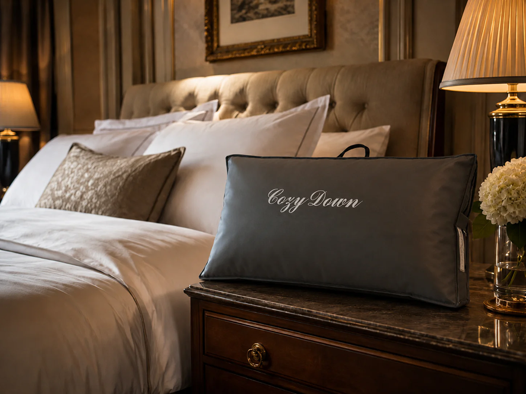 Royal-Pedic Mattress Siberian White Goose Down Pillow in a grey Cozy Down bag on a nightstand next to a bed