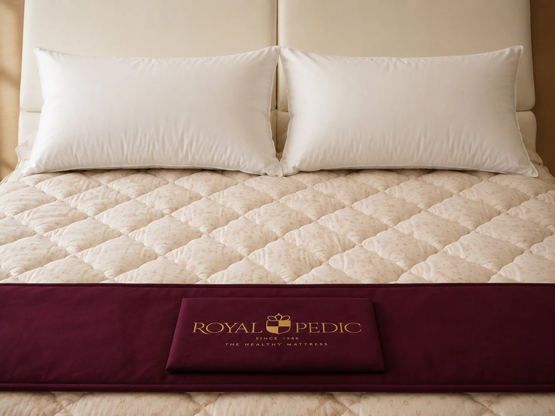Two Royal-Pedic Siberian White Goose Down Pillows on a quilted mattress pad with a burgundy Royal-Pedic mattress protector