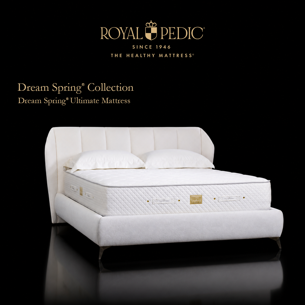 Royal Pedic Dream Spring Ultimate Mattress on a white upholstered bed frame with a tufted headboard against a black background