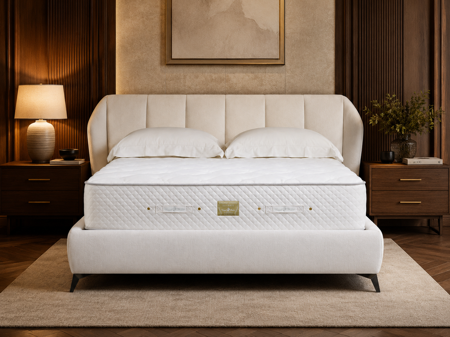 Royal Pedic Dream Spring Ultimate mattress on a white upholstered bed frame in a bedroom setting