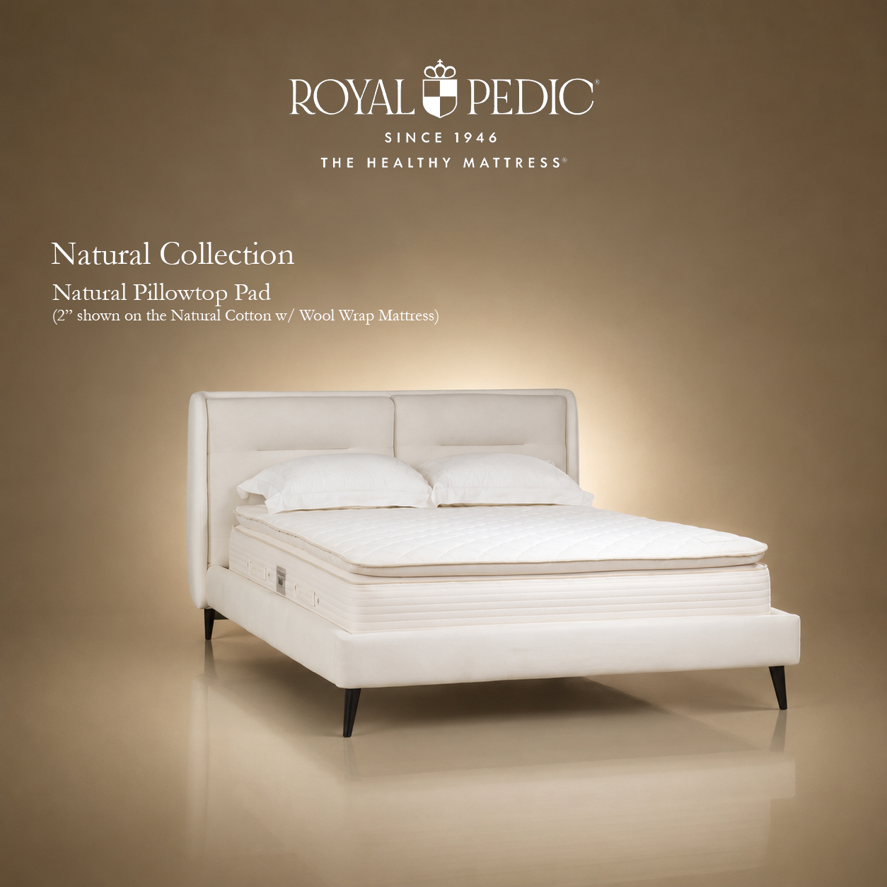 Royal Pedic Natural Pillowtop Pad on a natural cotton and wool wrap mattress with two white pillows on a bed frame