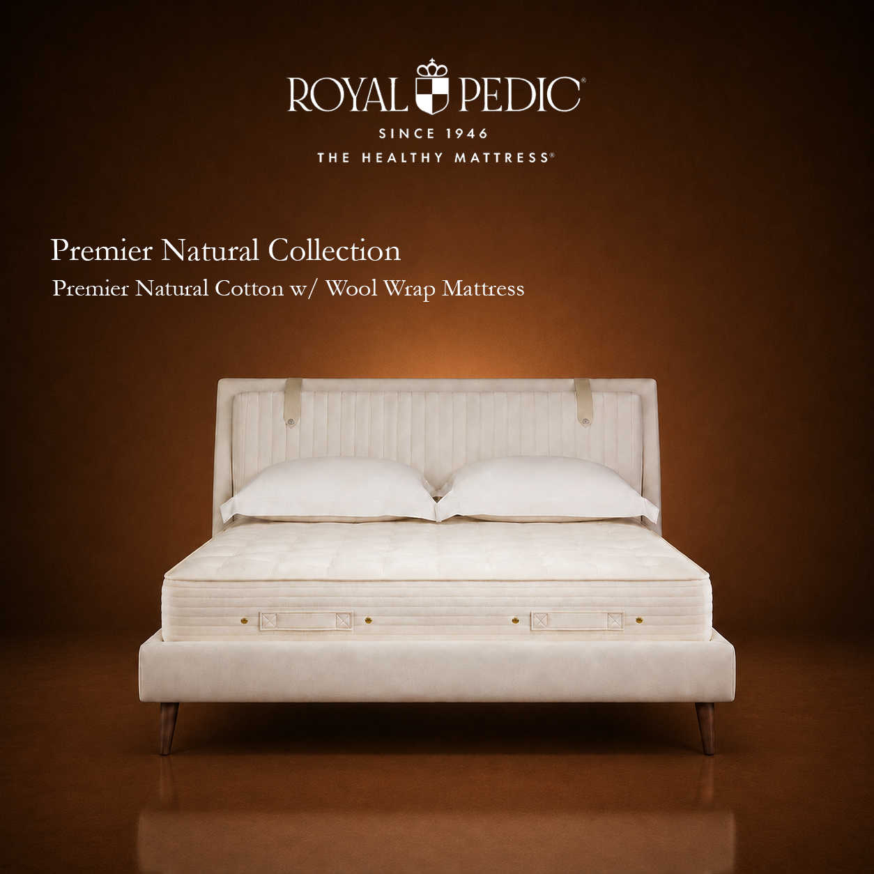 Royal Pedic Premier Natural Cotton w Wool Wrap Mattress on a bed frame against a brown background