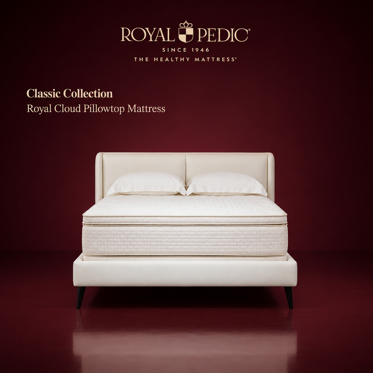 Royal Pedic Royal Cloud Pillowtop Mattress on a white upholstered bed frame against a dark red background