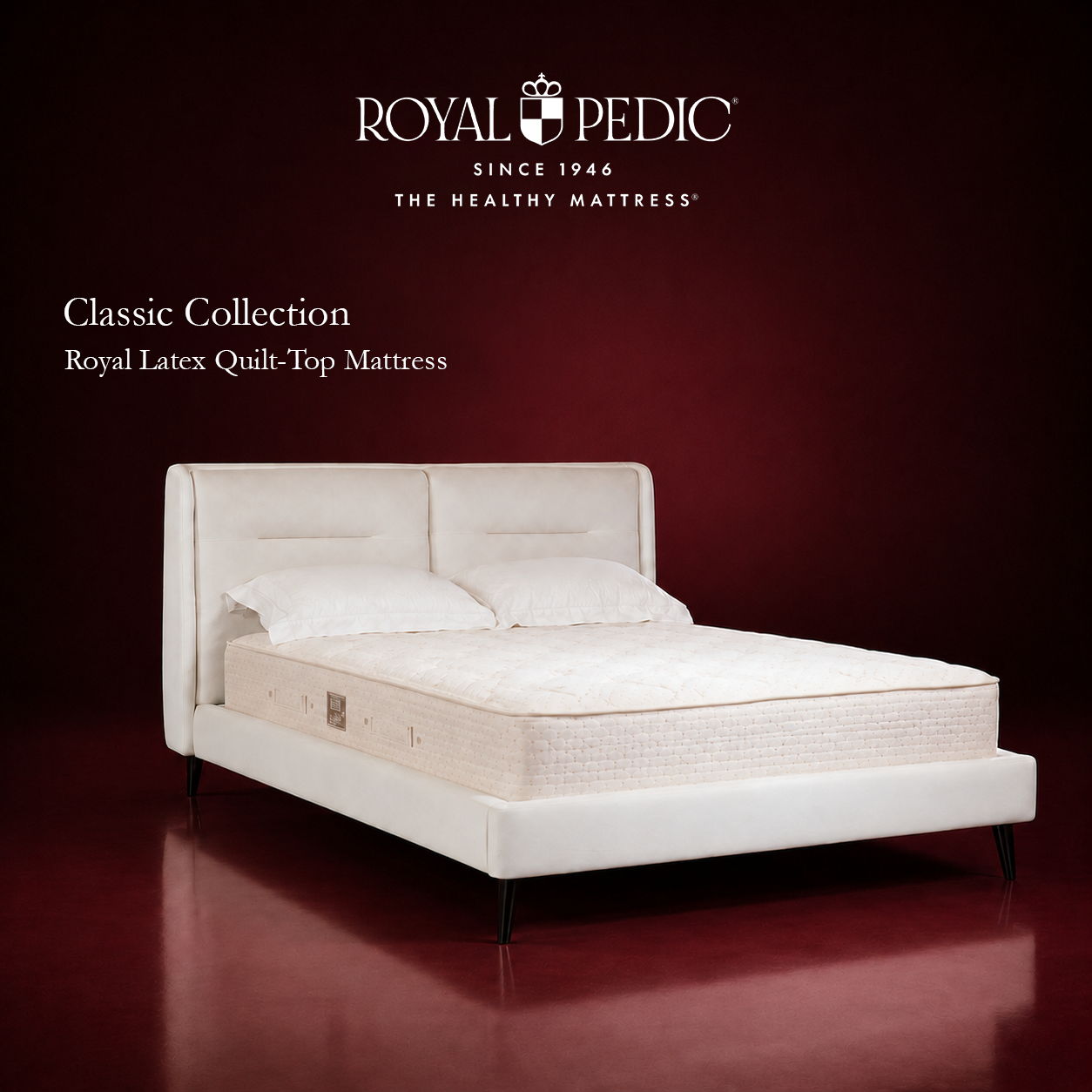 Royal Pedic Royal Latex Quilt-Top Mattress on a white upholstered bed frame against a dark red background
