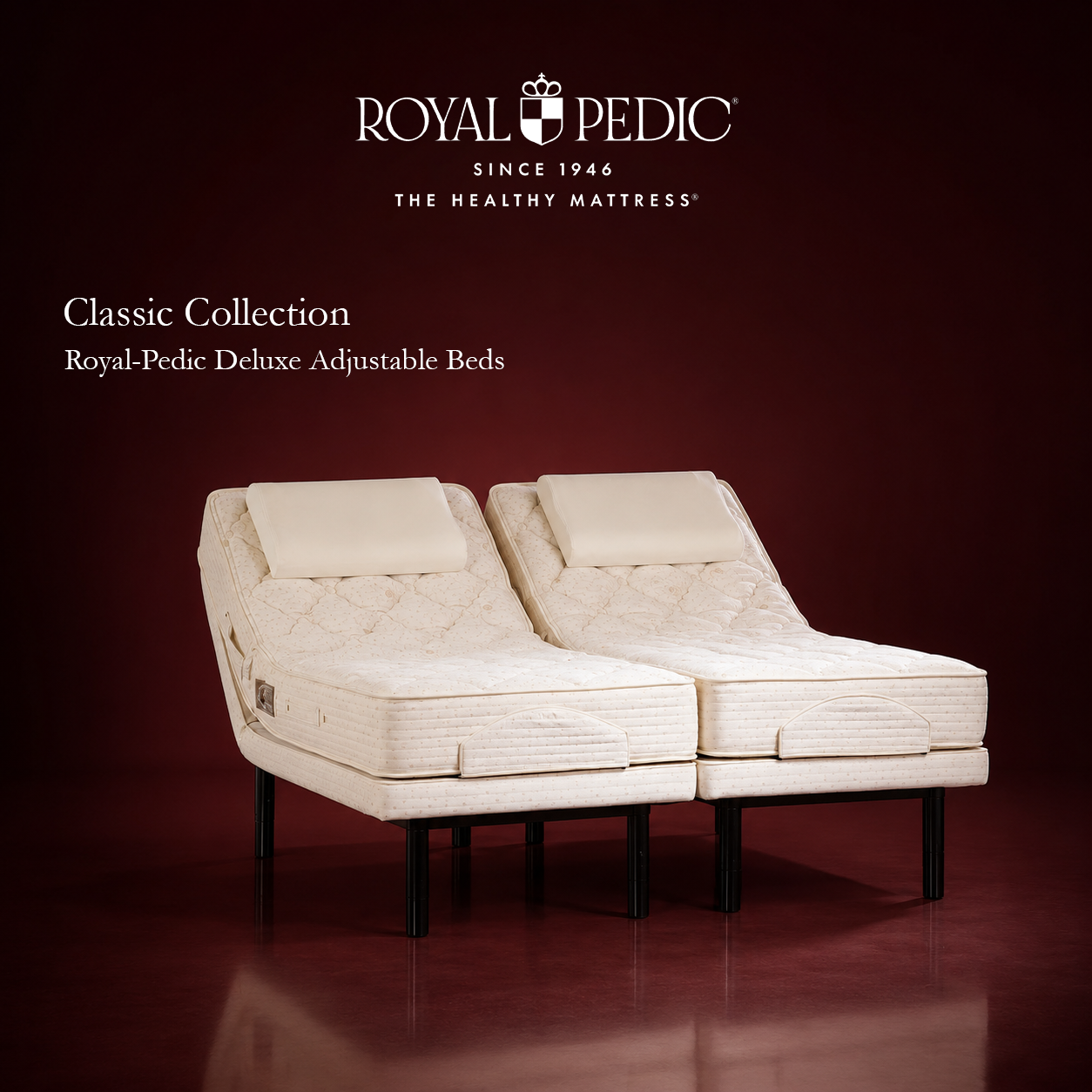 Royal-Pedic Deluxe Adjustable Bed from the Classic Collection featuring two cream colored mattresses on adjustable bases against a dark red background