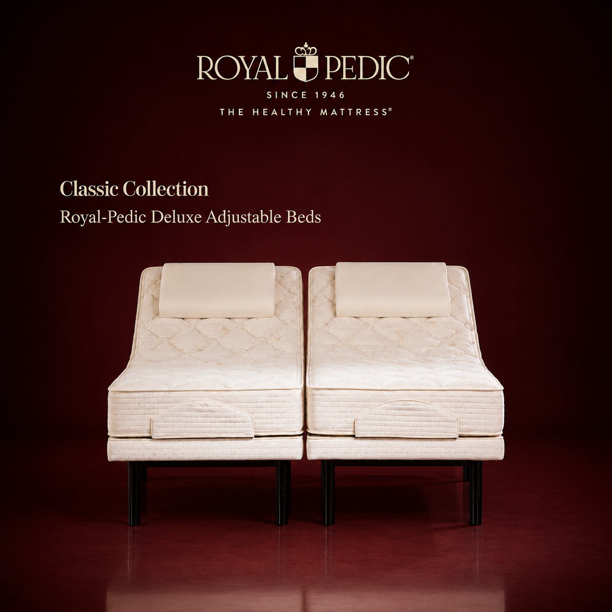 Royal-Pedic Deluxe Adjustable Bed from the Classic Collection featuring two cream colored mattresses on black frames against a dark red background
