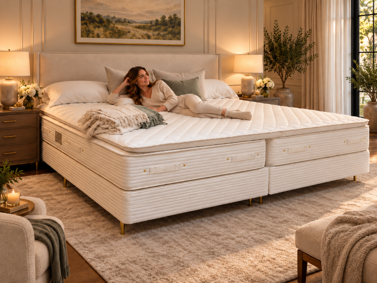 Woman laying on an oversized white Royal-Pedic mattress with a pillowtop pad on it in a dressed bedroom setting