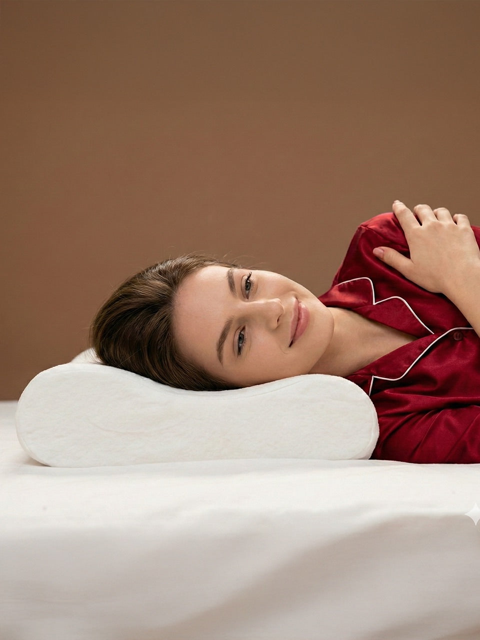 Woman laying on a Royal Pedic - Sleepland latex contour pillow for neck support