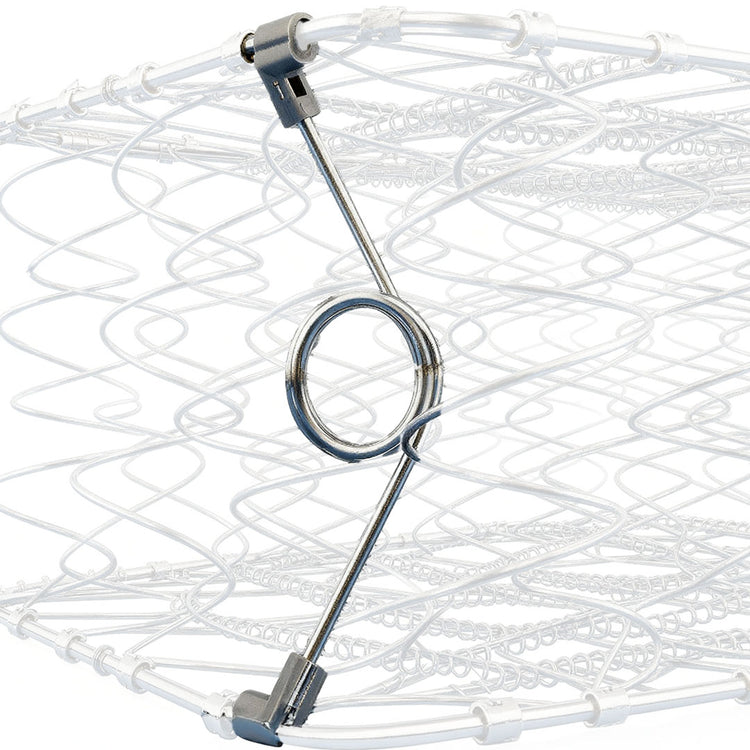 White wire laundry basket with metal clips on a white background