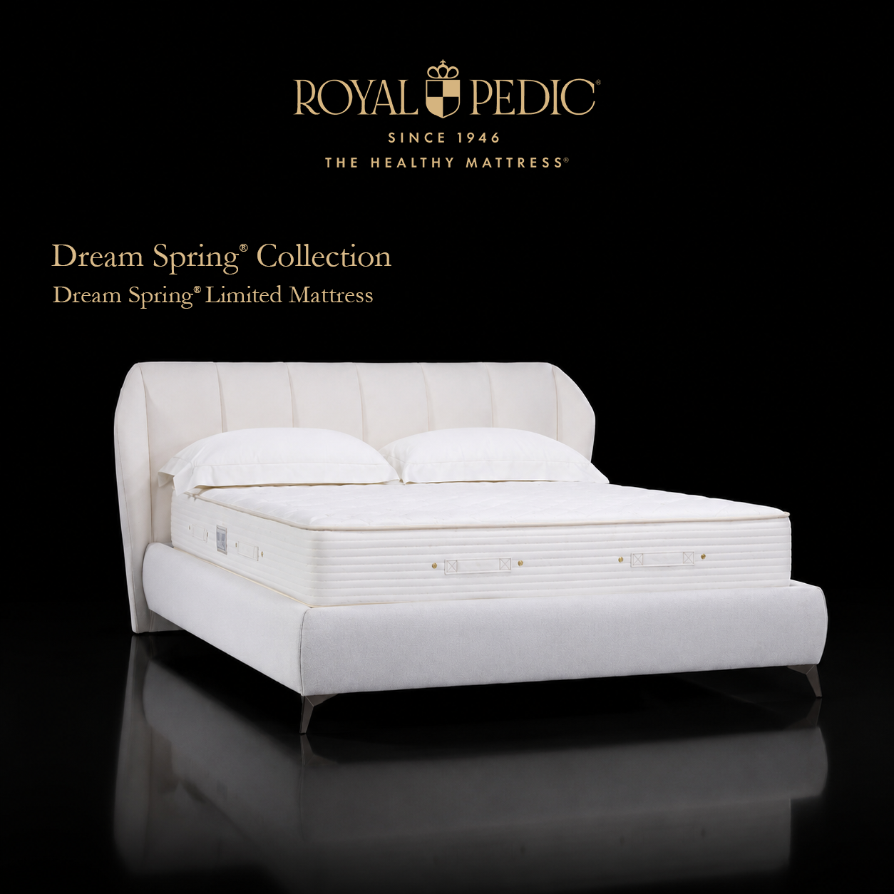 Royal Pedic Dream Spring Limited Mattress on a white upholstered bed frame with a tufted headboard against a black background