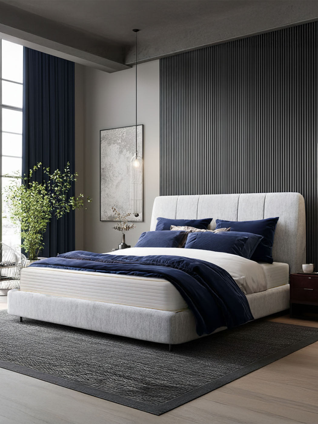 Royal-Pedic Natural Latex Quilt Top Mattress on a bed with navy blue bedding in a modern bedroom.