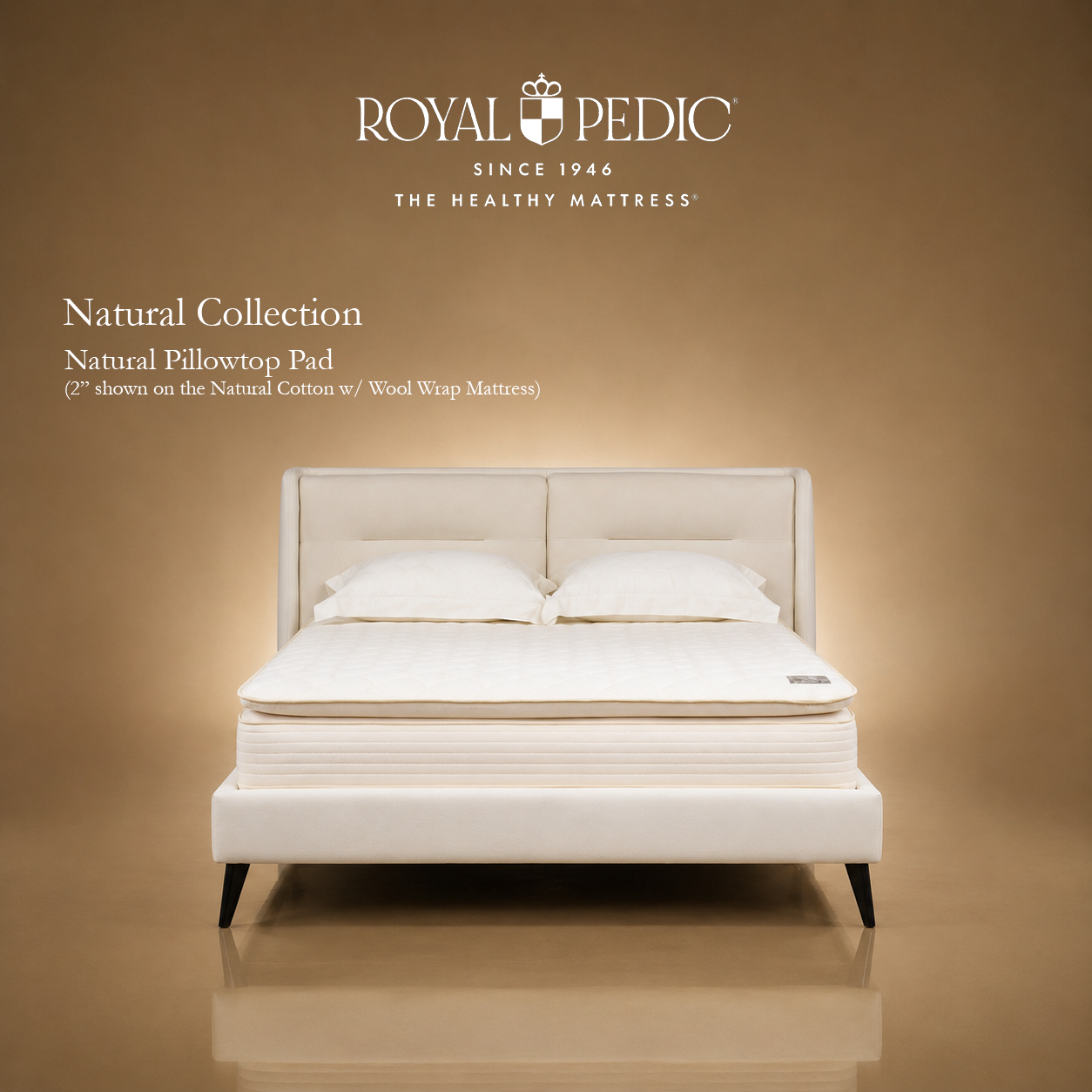 Royal Pedic Natural Pillowtop Pad on a Natural Cotton with Wool Wrap mattress in a bedroom setting