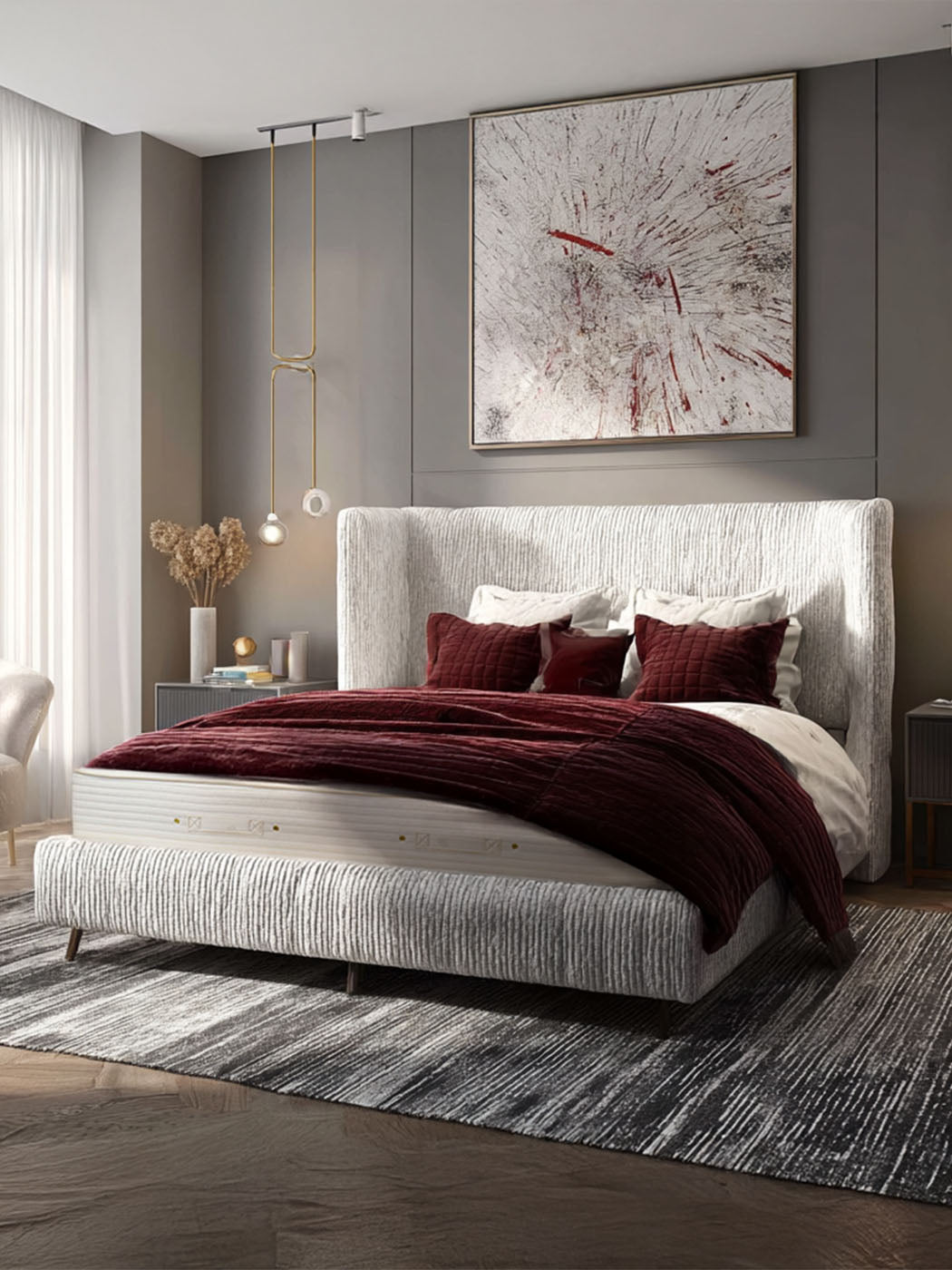 Royal-Pedic Premier Natural Latex Quilt-Top Mattress in a modern bedroom with a grey upholstered bed frame, burgundy bedding, and abstract art.
