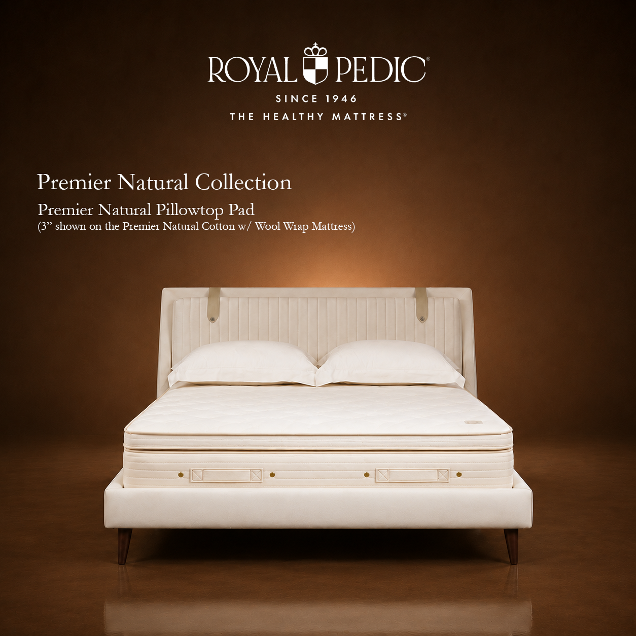 Royal Pedic Premier Natural Pillowtop Pad on a mattress with a white headboard and two pillows against a brown background