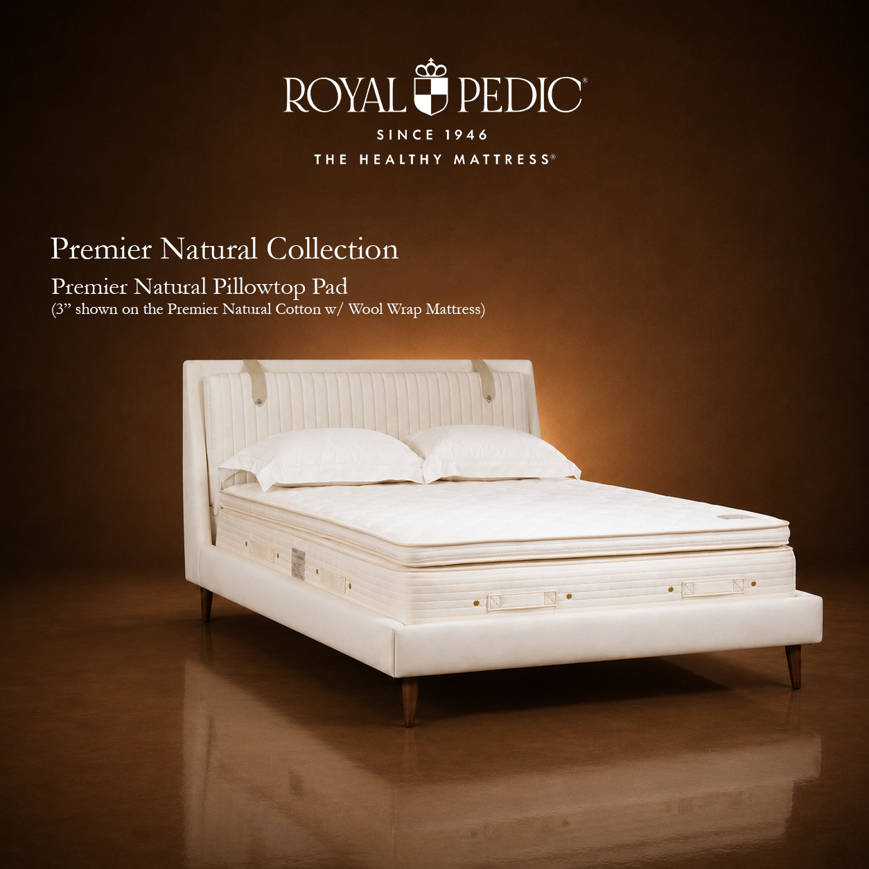 Royal Pedic Premier Natural Pillowtop Pad on a mattress with white pillows and a tufted headboard against a brown background