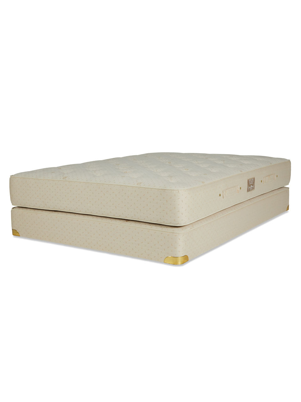 Beige mattress and boxsprings with a royal-pedic tag on a white background