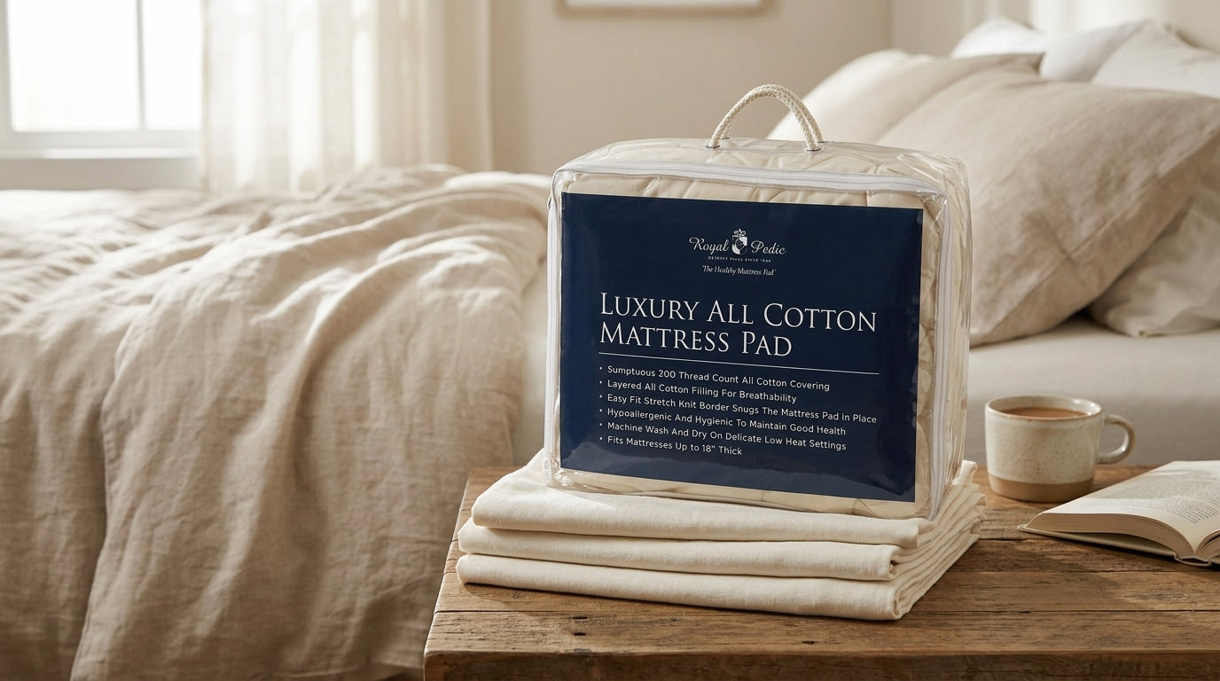 Royal-Pedic luxury all-cotton mattress pad packaging on a wooden table in a bedroom setting.