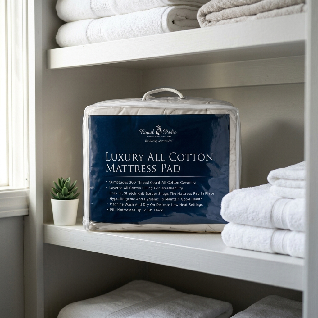 Packaged Royal-Pedic mattress pad on a shelf with folded towels in a bathroom setting