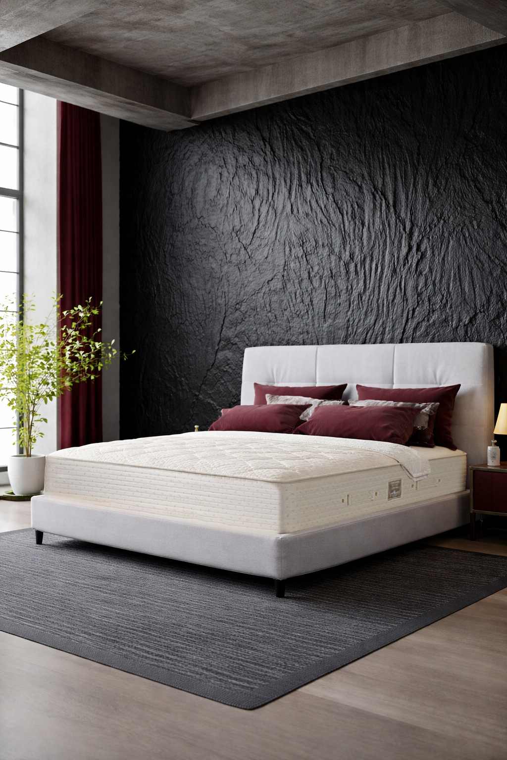 Bedroom with a white mattress on a bed against a textured wall.